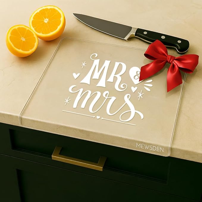 Engraved Acrylic Cutting Board with Counter Lip - Engagement Gifts Wedding Gift for Couples Clear Countertop Protector, Bride Shower Gift Mr and Mrs Gifts for Couple Aesthetic Kitchen Decor