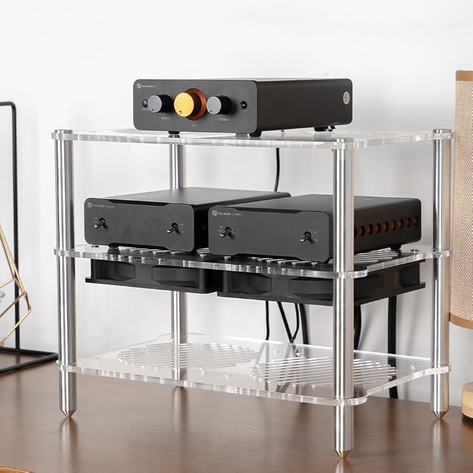 Fosi Audio Acrylic Amplifier Rack for Cooling Fan, Sturdy Audio Equipment Rack for Home Theater, HiFi and AV Component Rack, Ventilated Speaker Stand for Studio and Audio Devices