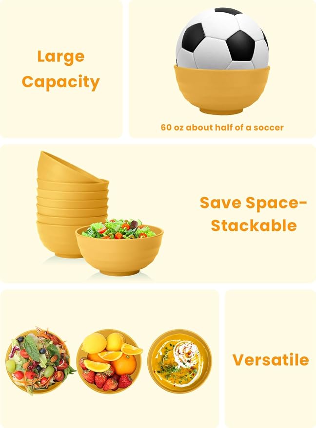 Sunshine Yellow Bowl Set of 8, 60 Oz Large Wheat Straw Bowls, Unbreakable Big Salad & Soup Bowls, Microwave Safe for Easter, Picnic, Kids Party & Family Meals