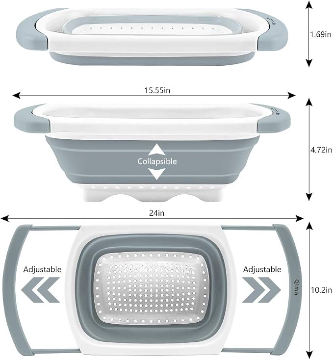 Qimh Collapsible Colander | Over The Sink Silicone Kitchen Strainers and Colanders with Extendable Handles | Veggies, Fruit and Pasta Foldable Strainer for Kitchen, 6-Quart, BPA Free