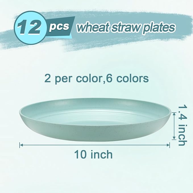 HEYCOME 12 Pcs Unbreakable Deep Dinner Plates Set, 10 inch Reusable Plastic Wheat Straw Plates, Microwave and Dishwasher Safe Plate for Kitchen, Lightweight Plate for Dessert, BPA Free, 6 Colors