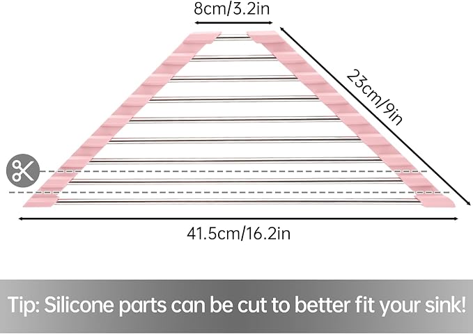 Tomorotec Triangle Foldable Dish Drying Rack, Small Roll-Up Stainless Steel Over Sink Drainer for Kitchen Sink Corner, Rustproof Multipurpose Organizer(Pink) | BPA-Free Food-Grade Silicone Edges Foldable Waterproof Rustproof Heavy-Duty Space Saver Heat...