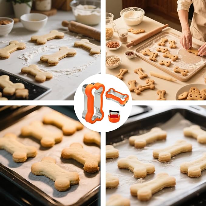 Dog Bone Shape Cookie Cutter Set, 3 Pieces - 4.45'', 2.95'', 1.53'' | Stainless Steel Dog Treats Cutters with Removable PP Covers, Safe for Kids, Diswasher Safe, Can Cut Thick Dough