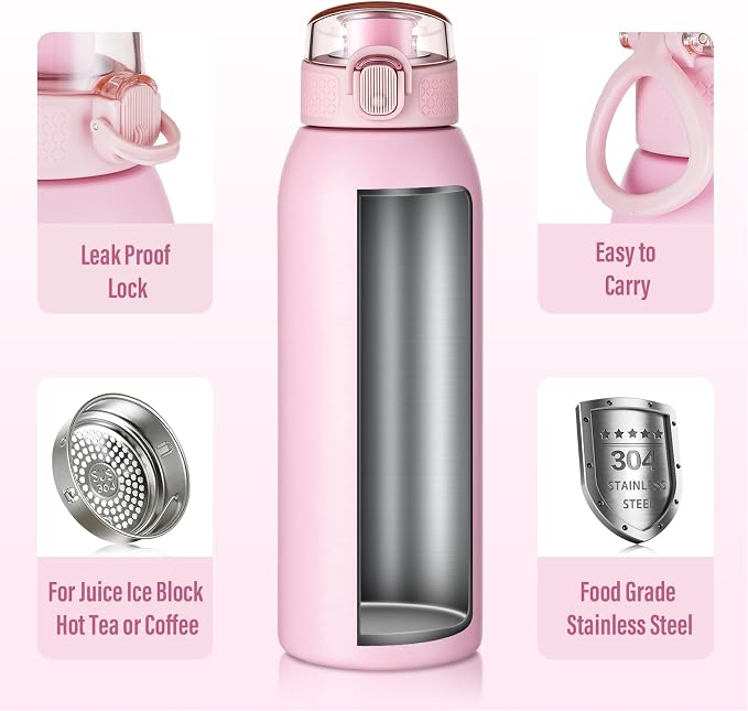 Insulated Water Bottle 18 oz with Dustproof Lid, Carry Handle & Tea Infuser, BPA-Free & Leakproof, Stainless Steel Water Bottles Ideal for Fitness, Hiking, Office & Outdoor Use （Water Pink）