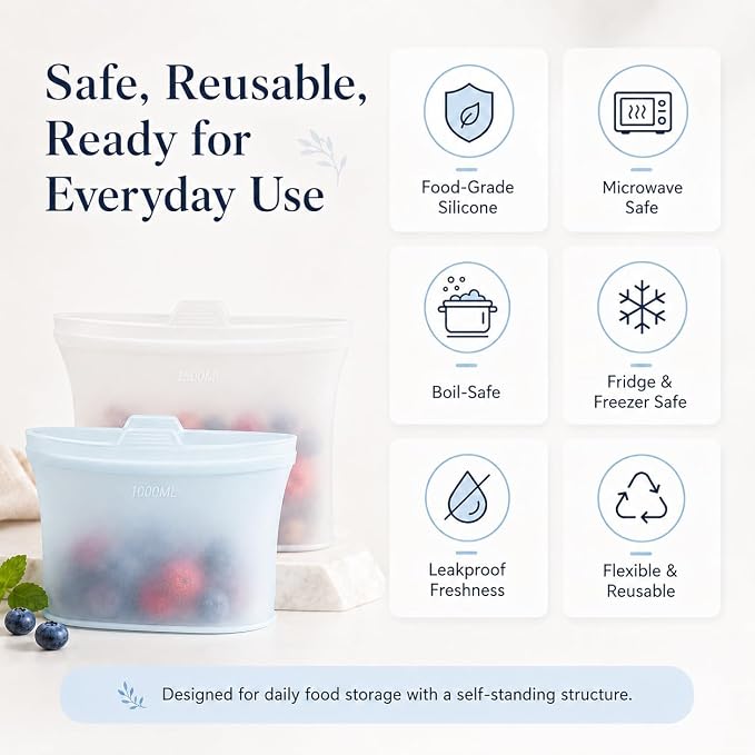Reusable Silicone Food Storage Bags, 3 Pack 17/34/50 oz, Snack & Meal Prep(Blue)