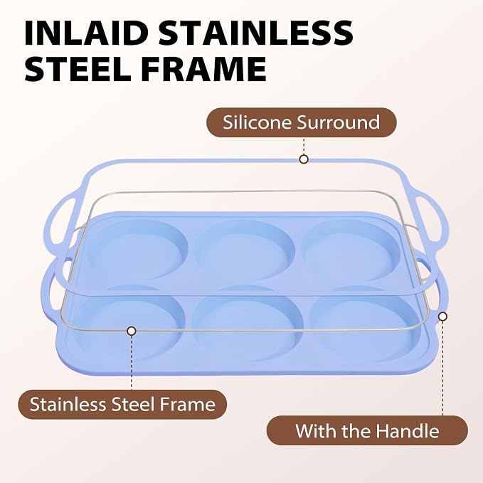 Nonstick Silicone Muffin Top Pan: 6-Cavity 4 Inch Jumbo Silicone Egg Mold | 2 Pcs with Metal Frame for Baking Breakfast Sandwich Hamburger Buns Whoopie Pie Egg Bites - Easy Clean Oven Safe Toeusog