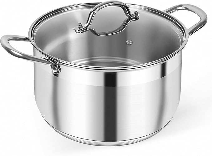 Kirecoo 8 Quart Stainless Steel Induction Stock Pot with Visible Lid | Heavy Duty, Even Heat, Thick Nonstick Base, Deep Cookware for Soup Pasta & Spaghetti, Ideal for Canning, Boiling & Simmering