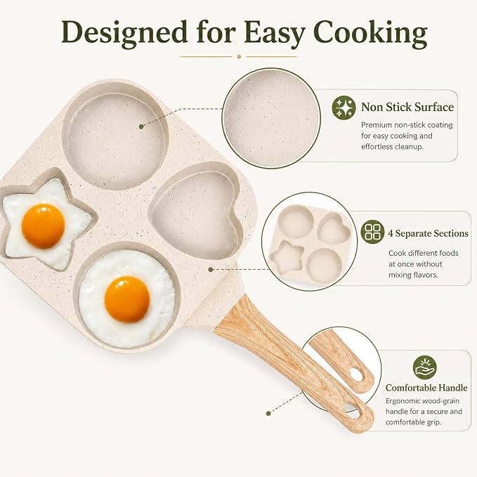 Non Stick Egg Frying Pans 4 holes Shapes, Egg Frying Pan Nonstick, Heart Star Shapes Breakfast Pan, Quick Heating, Easy to Clean, Ideal Use for Breakfast