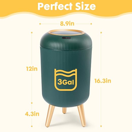 Bathroom Trash Can Automatic Touchless,Gold Green Small Garbage Can | 3 Gallon Smart Sensor Trash Bin,Plastic Waste basket with Lid and Legs Touchless Trash Bin for Kitchen,Bedroom,Toilet,Office