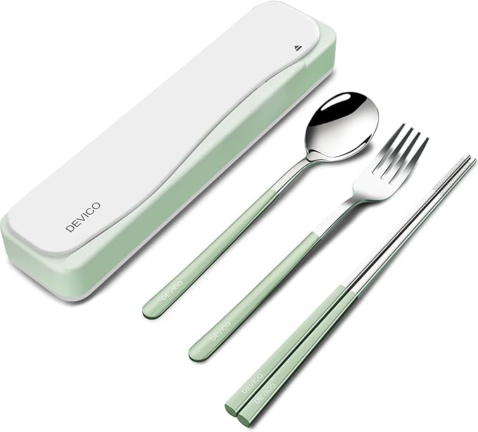 DEVICO Travel Utensils with Case, 4Pcs Portable Silverware Set for Work, 18/8 Stainless Steel Reusable Cutlery, Korean Spoon and Chopsticks Fork for Camping, School, Lunch Box Accessories (Green)