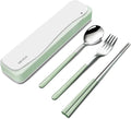 DEVICO Travel Utensils with Case, 4Pcs Portable Silverware Set for Work, 18/8 Stainless Steel Reusable Cutlery, Korean Spoon and Chopsticks Fork for Camping, School, Lunch Box Accessories (Green)