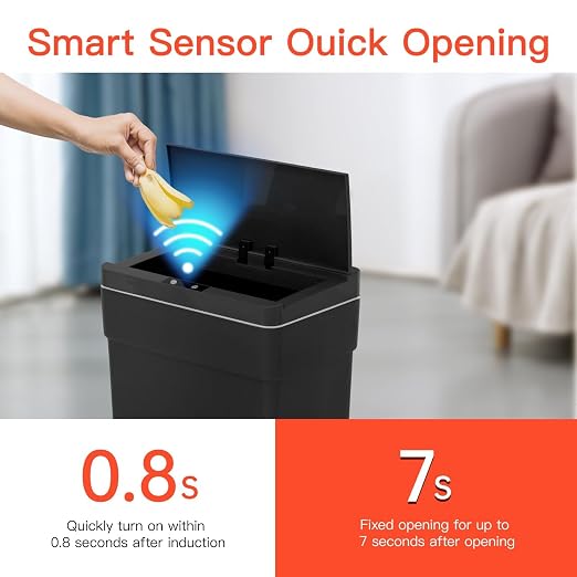 BestOffice 13 Gallon Kitchen Trash Can, Touchless Automatic Lid, Black | Plastic, Hands-free disposal, Odor Control, ,Wipe-clean surface,50Liter for Kitchen, Office, Indoor Use