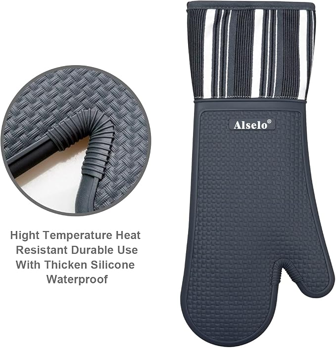 Alselo Silicone Oven Mitts Set, Heat Resistant 550 Degree,7.5"x16" | Extra Long Kitchen Mittens,Waterproof & Non-Silp Oven gloves for Baking Cooking Barbecue Microwave (Extra Long Grey, 2)