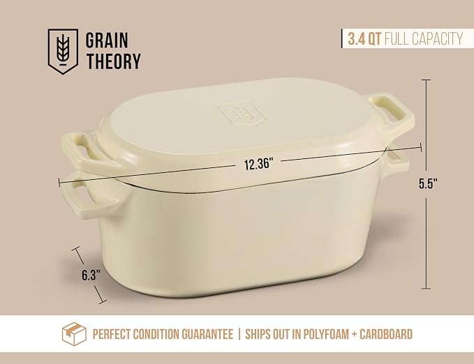 Kook Oval Dutch Oven, for Bread Baking, Sourdough Loaf Pan, Dual Handles, Enameled Cast Iron, with Sling, Dishwasher Safe, 3.4 Qt, Ivory