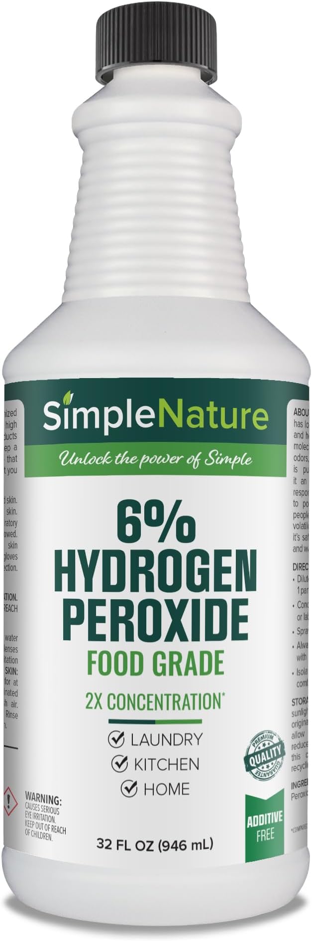 SimpleNature 6% Food Grade Hydrogen Peroxide (32 fl oz) - Natural Multipurpose Cleaner - Made in USA - Ideal for Commercial, Residential, Kitchen, Bath, Laundry, and More