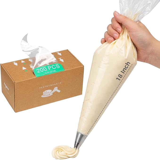 18-Inch Heavy-Duty Disposable Piping Bags, 200 Pack – Extra Thick Smooth Pastry Bags with Easy-Pull Dispenser Box for Cake Decorating, Buttercream Frosting, Cookie Icing & Baking Supplies