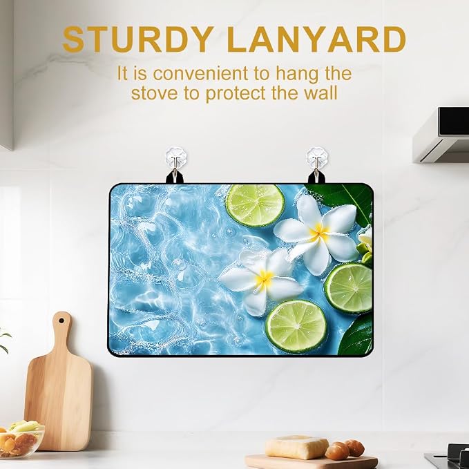 Tropical Plumeria Lime Stove Top Cover for Electric Gas Stove | Fresh tropical coastal kitchen decor; non-slip stovetop cover, glass cooktop counter mat, summer citrus lime decor