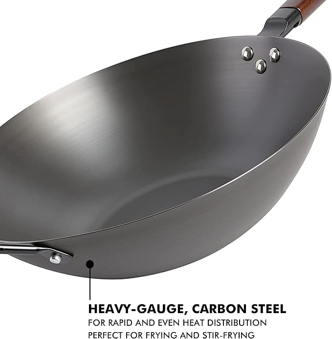 Babish Carbon Steel Wok 14 Inch Flat Bottom Stir Fry Pan Durable Heavy Duty Cookware for High Heat Cooking Stir Fry Sautéing Frying Compatible with Gas Electric and Induction Stovetops