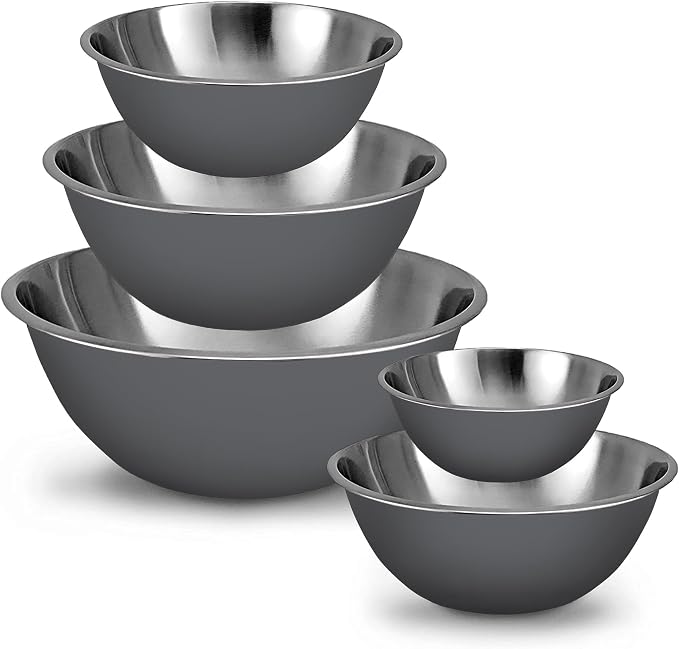 WHYSKO Stainless Steel Mixing Bowls Set, 5-Piece Meal Prep & Food Storage | .75, 1.5, 3, 4 & 5 Quart Metal Mixing Bowls Set for Prep, Serving, Baking & Food Storage, Ecofriendly, Dishwasher Safe, Grey