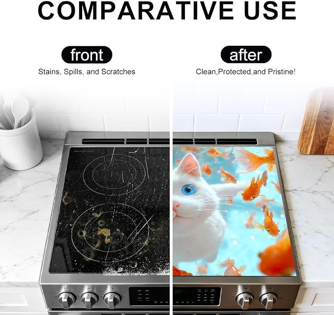 White Cat Goldfish Stove Top Cover 28.35x20.47 in Non Slip | Heat Resistant Cooktop Protector Mat with Non-Slip Backing, Scratch Protection and Countertop Drying Mat.