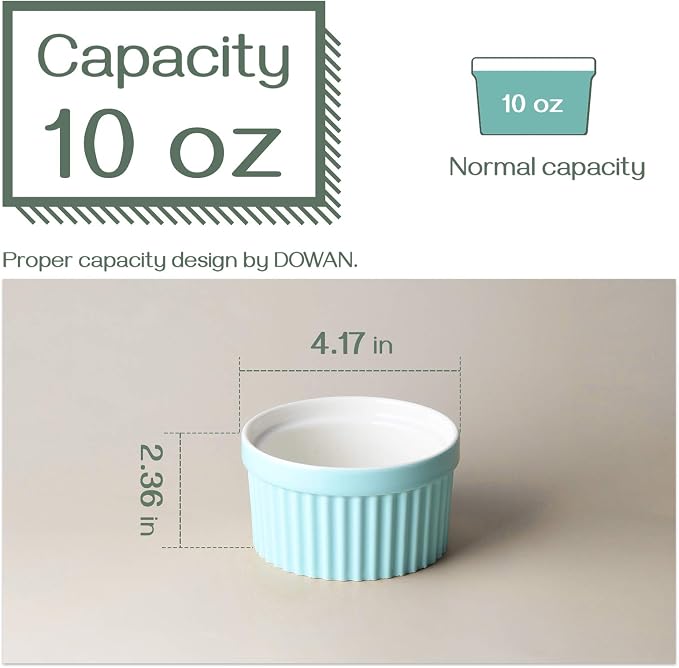 DOWAN 10 oz Porcelain Ramekins - Oven Safe for Creme Brulee & Souffle, Classic Style Baking Bowls, Set of 6, Blue