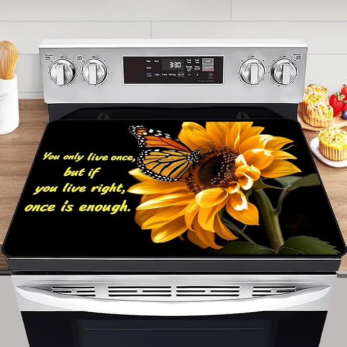 Sunflower Butterfly Glass Stove Top Cover Protector Retro Floral Plant Glass Cooktop Protector,Inspirational Quotes Cooktop Mat Electric Stove Cover Vintage Kitchen Decor