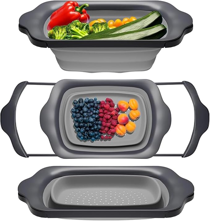 Comfify Gray Collapsible Silicone Over-Sink Colander – 6 Qt – Extendable | Gray; silicone; 17.1"L x 10.1"W; collapses to 1.4"H; 6 Qt; handles extend 25" to span sink; heat resistant 176F