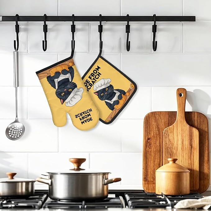 DYJYBMY Made from Scratch Funny Cat Oven Mitts and Pot Holder Set, Funny Kitchen Gadgets for Women Cat Lover, Birthday Gifts for Bake Lover Chef Cat Mom, Baking Gifts for Mom Wife Sister BFF Friend