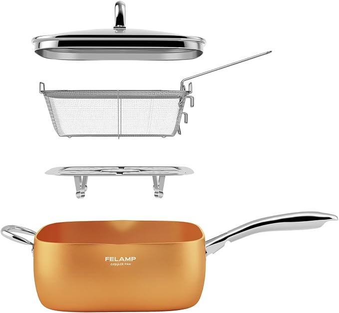 FELAMP 9.5-Inch Ceramic Nonstick Deep Square Frying Pan Set with Glass Lid, Stainless Steel Fry Basket & Steamer Rack, Induction Compatible, Oven &Dishwasher Safe, 4-Piece Copper Pan Chef Cookware Set