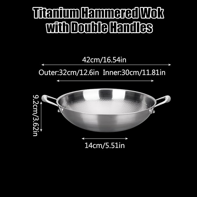 12.6 Inch Titanium Hammered Wok with Double Handles, Frying Pans Nonstick, Non-Stick Wok, Scratch-Resistant Non Stick Titanium Pans for Cooking,No lid 12.6in