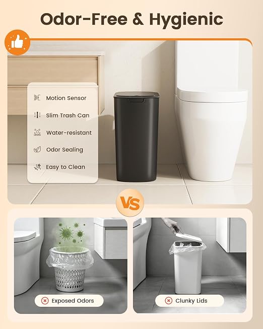 TIPGO 5 Gallon Automatic Bathroom Trash Can with Lid, Black, Touchless | Motion Sensor, Slim Smart Garbage Bin, Plastic Wastebasket, Battery Operated, Manual Button, for Bedroom, Office, RV