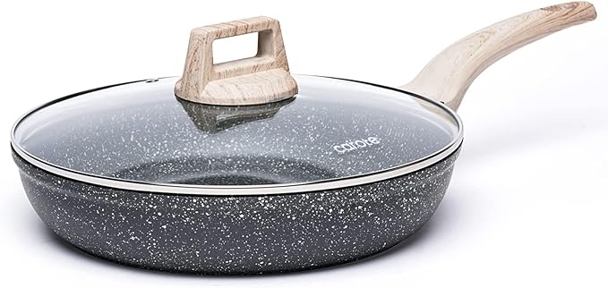 CAROTE Non Stick Frying Pan, 10 Inch Classic Granite Skillet with Glass Lid | Non Toxic Kitchen Healthy Stone Cookware, Compatible with All Stovetop, Dishwasher Safe, PFOA Free