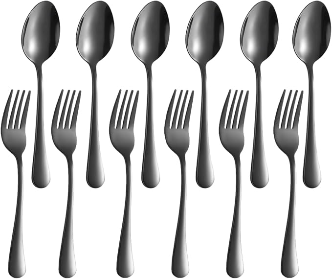 12 Pieces Spoons and Forks Set,Food Grade Stainless Steel Flatware Cutlery Set,6 Forks(6.8 inch)and 6 Spoons(6.6inch)Silverware Set for Home,Kitchen,Restaurant-Mirror Polished & Dishwasher Safe(Black)