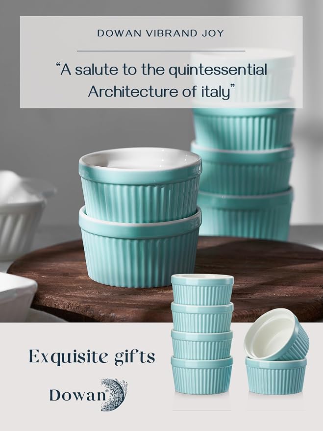 DOWAN 8 oz Ramekins for Creme Brulee, Porcelain Ramekin Oven Safe, Classic Style Ramekins for Baking Souffle Dishes Small Bowls, Set of 6, Blue