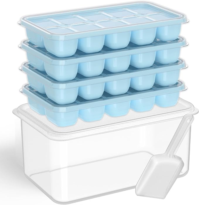 DOQAUS Ice Cube Tray with Lid and Bin,4 Pack Ice Cube Trays for Freezer | Silicone, Stackable. Easy Release Trays with Storage Bin & Scoop. Ideal for Freezer, Kitchen, RV, Cocktail, Coffee.