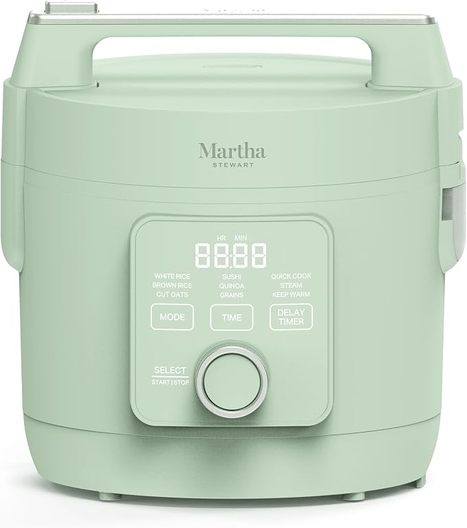 Martha Stewart 8 Cup Cooked (4 Cup Uncooked) Rice Cooker & Steamer, Sage | PFAS-Free Ceramic Nonstick Removable Pot, 9 Modes, Keep Warm, Steamer, White & Brown Rice, Quinoa, Grains, Oats, Easy Clean