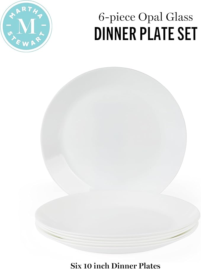 Martha Stewart Opalton Dinner Plates 6-Piece 10-Inch Plate Set – Chip and Break Resistant Opal Glass Plates - White