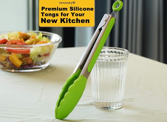 HINMAY Silicone Tongs 9" Stainless Steel Kitchen Tongs, Set of 3 (Green)
