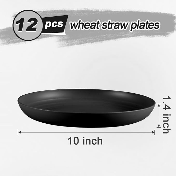 HEYCOME 12 Pcs Unbreakable Deep Dinner Plates Set, 10 inch Reusable Plastic Wheat Straw Plates, Microwave and Dishwasher Safe Plate for Kitchen, Lightweight Plate for Dessert, BPA Free, Black