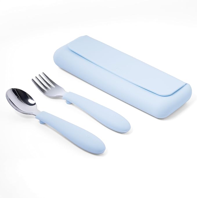 ASOMIC 316 Stainless Steel Toddler Utensils with Travel Case, Sky Blue | 316 stainless steel fork and spoon with BPA-free silicone handles and travel case; dishwasher safe.