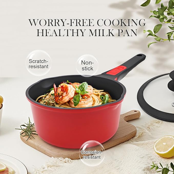 2.5 Qt Non Stick Sauce Pan with Lid, Nonstick Sauce Pot & Saucepan with Pour Spout, Milk Pan Pasta Pot, Mini Cooking Pot Induction Compatible, Detachable Handle, Oven Safe, PFOA Free, Red | Milk pan with removable handle. Suitable for all types of cook...