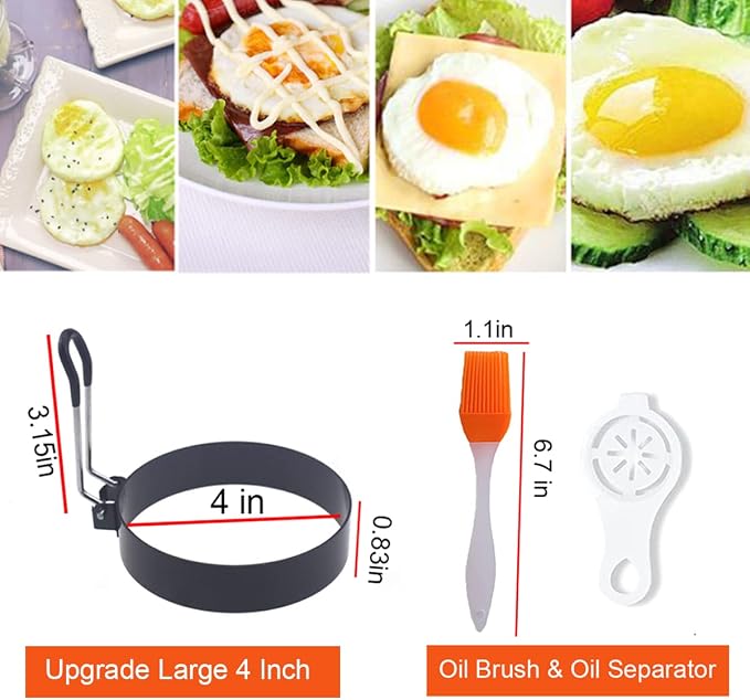 Upgrade 4'' Large Egg Rings Set, 4 Packs Stainless Steel Round Egg Maker Mold, Anti-scalding Grill, 1X Oil Brush & 1X Egg Separator White