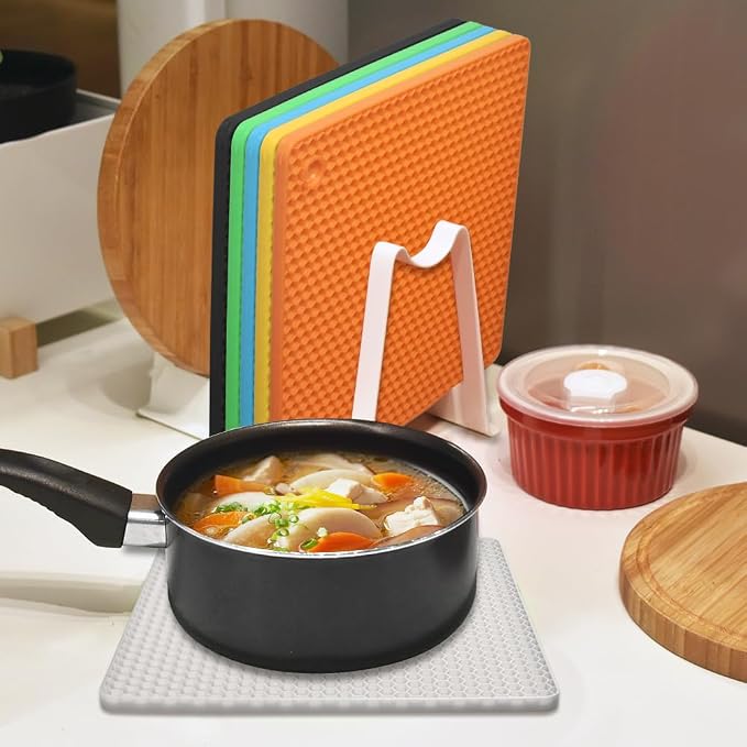 homEdge Silicone Square Trivets Mat, 6 Packs Multipurpose Non Slip Heat Resistant Pot Holder-White