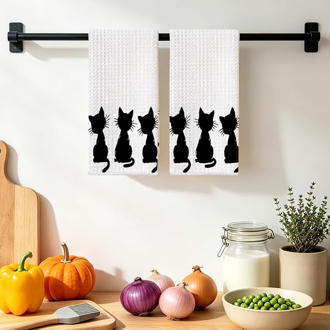 2 Pcs Cute Cat Kitchen Towels 24x14 Inch, Cat Lover Gifts for Women Mom | Cute Cat Gifts Absorbent Reuse Hand Tea Towel Dish Cloths for Drying Dishes, Cat Waffle Dish Towels for Kitchen Home Decor