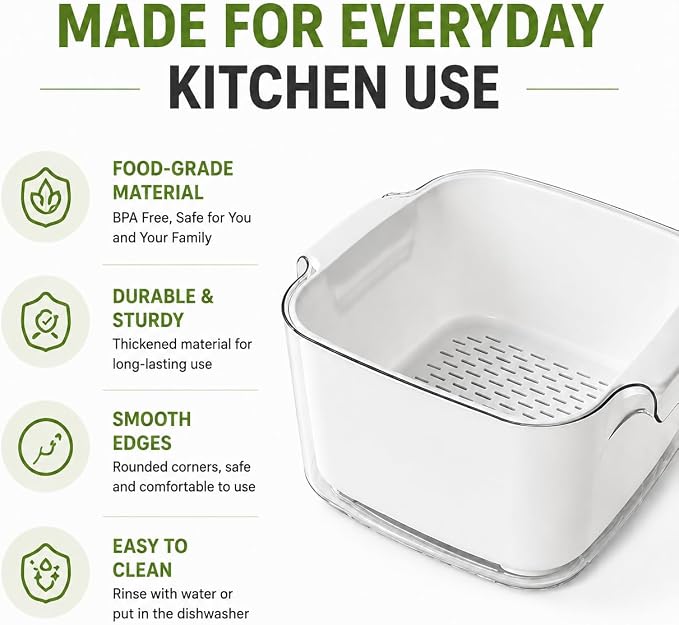 Double Layer Draining Basket for Kitchen, Fruit & Vegetable Washing Colander with Water Catch Tray, Food Grade Drain Basket, Large Capacity Produce Washer, Kitchen Strainer Bowl, Easy to Clean
