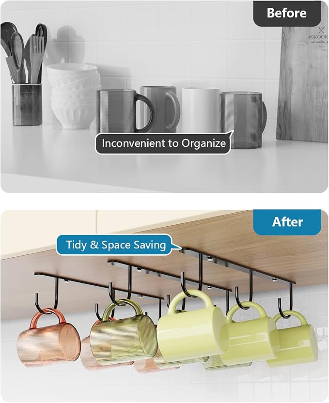 3 Pack Mug Hooks Under Cabinet with 9 Hooks for Displaying Mugs, Black | Coffee Mug Holder for Hanging Under Shelf, Cup Hanger, Coffee Cups and Kitchen Utensils