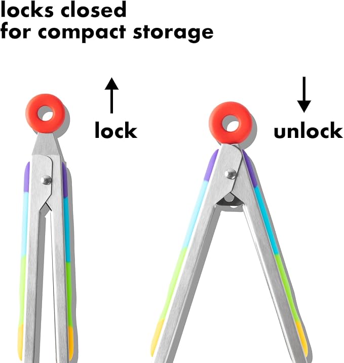 OYV Rainbow Silicone Tongs for Cooking, Heat Resistant Kitchen Tongs for Salad, Grilling, Cooking, 304 Stainless Steel Locking and BPA Free Silicone Tips Set of 2, 9 and 12 Inch
