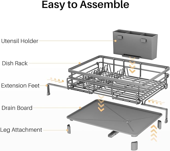SNTD Expandable Dish Drying Rack for Kitchen Counter, Stainless Steel, Grey | Foldable Over Sink, Large Capacity, Adjust to Fit Most Sinks, Angled Drainboard, Removable Utensil Holder, Slip Resistant