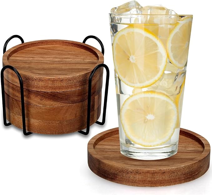 Wood Coasters Set of 4 Farmhouse Outdoor Coster for Drink Patio Table Decor | Cute Wooden Coaster with Holder Rustic Coffee Bar Accessories Kitchen and Dining Room Decoration Aesthetic Cool Cup Coasters