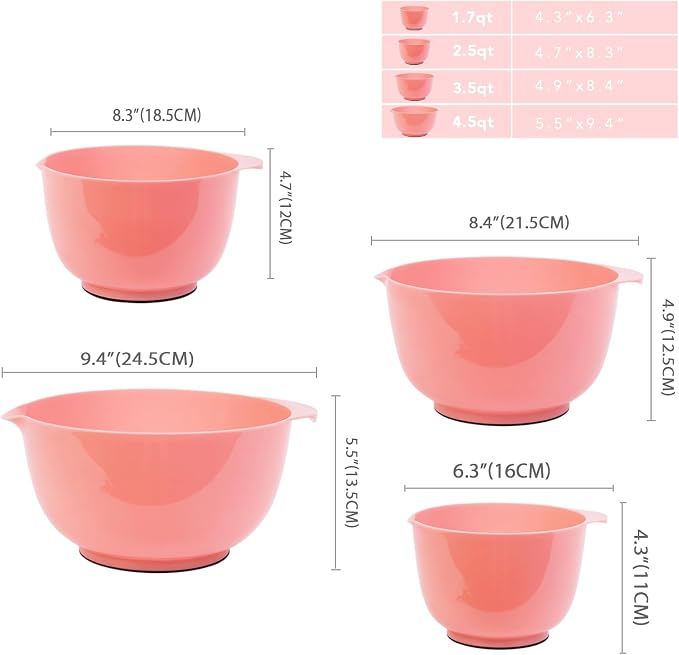BoxedHome Classic Mixing Bowls Set of 4, BPA Free Plastic, Microwave Safe | 4.5, 3.5, 2.5 and 1.7 qt, Non-slip Base Large Non-toxic Nesting Bowl with Pour Spout, Dishwasher Safe, for Prep, Cooking
